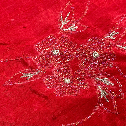 生地 【 シルク ビーズ レッド 】 112cm巾 シルク生地 ビーズ刺繍