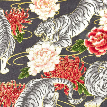 生地 【 和柄シーチング 虎と花 チャコール】和柄生地 巾110cm 綿100％ プリント生地 和風 和モダン 日本柄 虎柄 花柄 甚平 浴衣 ゆかた じんべえ