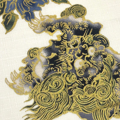 生地 【 和柄ドビー 金彩唐獅子牡丹文様 オフ白 】 110cm巾 綿100％ 和柄生地 金彩 唐獅子牡丹 唐獅子 和雑貨生地