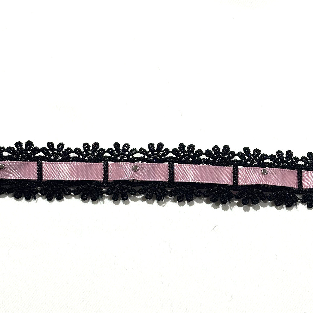 リボン 【 パールレースリボン 22mm 黒ピンク 】 レースリボン パール付きリボン 手芸用レース 手芸リボン ハンドメイド