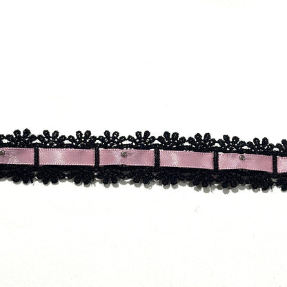 リボン 【 パールレースリボン 22mm 黒ピンク 】 レースリボン パール付きリボン 手芸用レース 手芸リボン ハンドメイド
