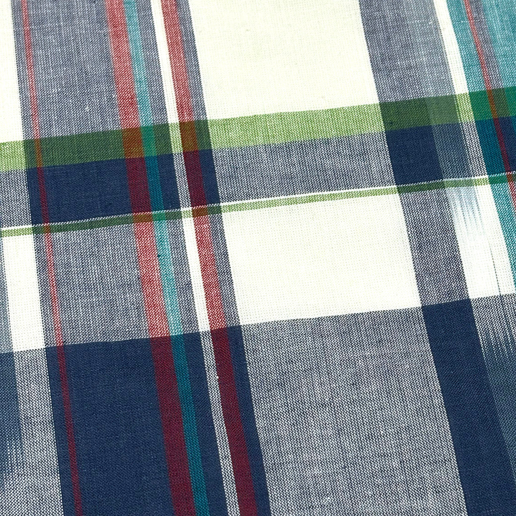 生地 【 インド綿マドラスチェック イカットターコイズ×ネイビー 】 108cm巾 綿100％ ikat チェック生地 コットンチェック 先染め