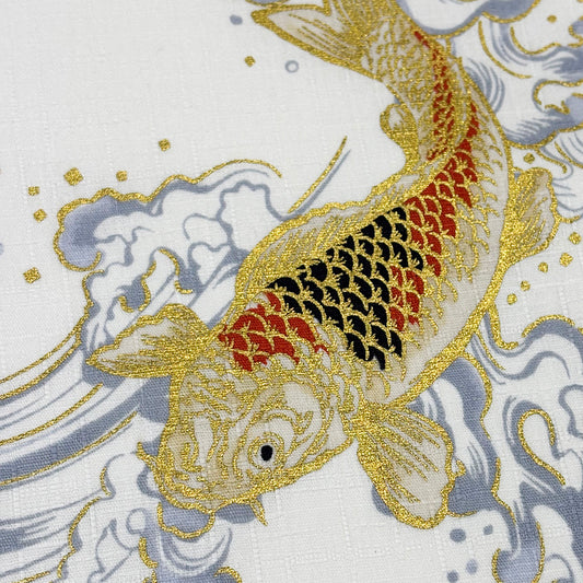 生地 【 和柄ドビー 金の鯉 白 】 ドビー織り 110cm巾 綿 コットン100％