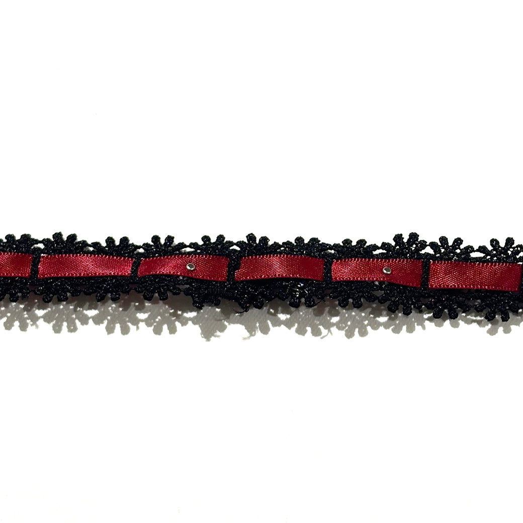 リボン 【 パールレースリボン 22mm 黒赤 】 レースリボン パール付きリボン 手芸用レース 手芸リボン ハンドメイド