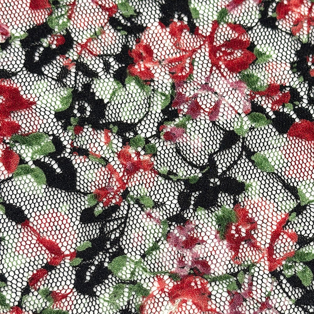 生地 【 花柄ラッセルレース 黒赤緑】 レース レース生地 花柄レース 刺繍 レース刺繍 108cm巾 ポリエステル ラッセル編
