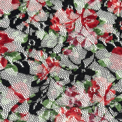 生地 【 花柄ラッセルレース 黒赤緑】 レース レース生地 花柄レース 刺繍 レース刺繍 108cm巾 ポリエステル ラッセル編