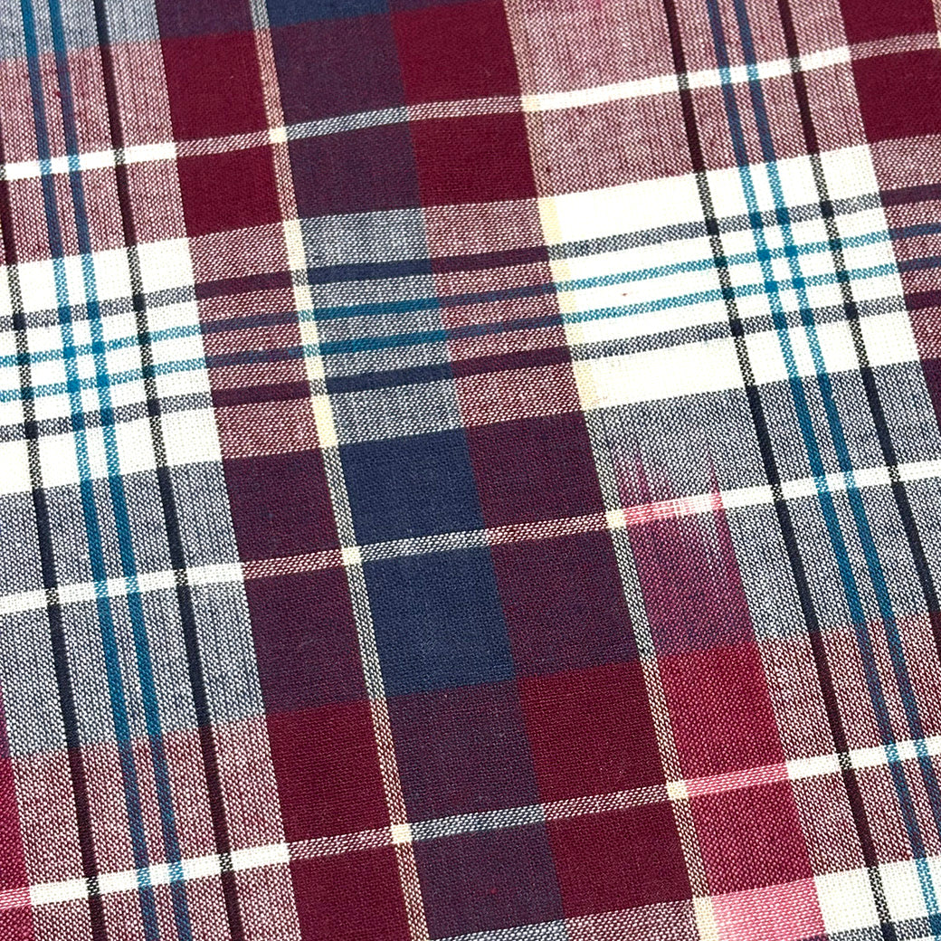 生地 【 インド綿マドラスチェック イカット エンジ×ターコイズ 】 108cm巾 綿100％ ikat チェック生地 コットンチェック 先染め