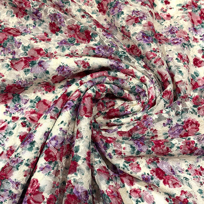 生地 【 花柄ラッセルレース オフ赤紫】 レース レース生地 花柄レース 刺繍 レース刺繍 108cm巾 ポリエステル ラッセル編