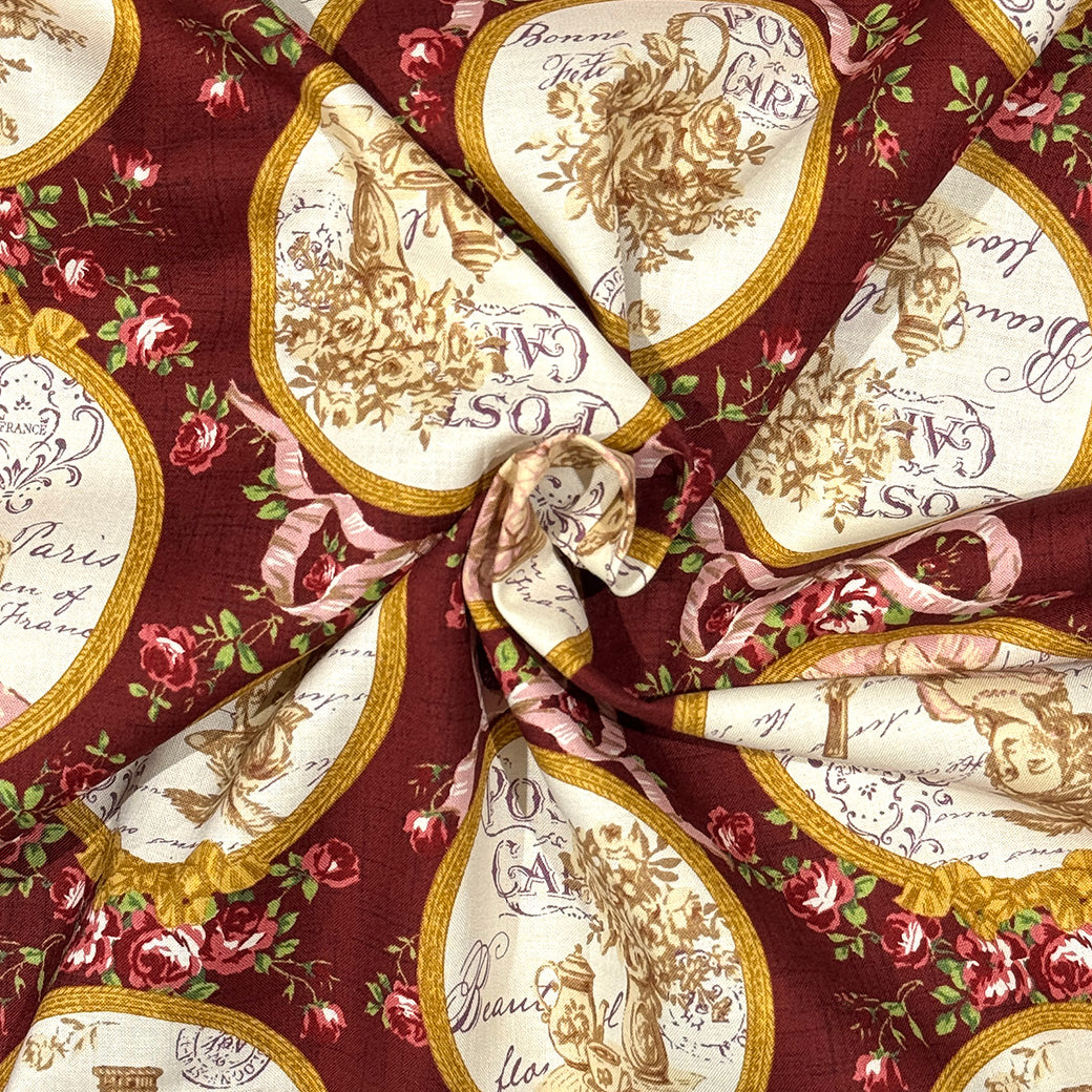 生地 【 QUILT GATE 鏡の貴婦人 ボルドー 】 キルトゲイト シーチング生地 108cm巾 貴婦人 マリーアントワネットドレス 宮廷 ティーパーティ
