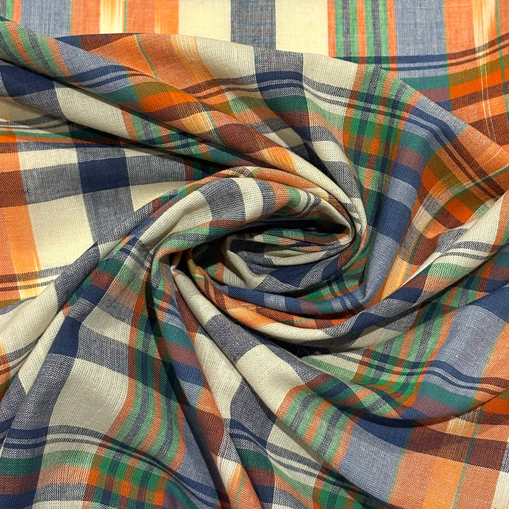 生地 【 インド綿マドラスチェック イカット オレンジ×グリーン 】 108cm巾 綿100％ ikat チェック生地 コットンチェック 先染め