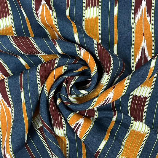 生地【 レーヨン ネイティブ柄 紺×橙】プリント生地 107cm巾 ネイティブ 民族柄