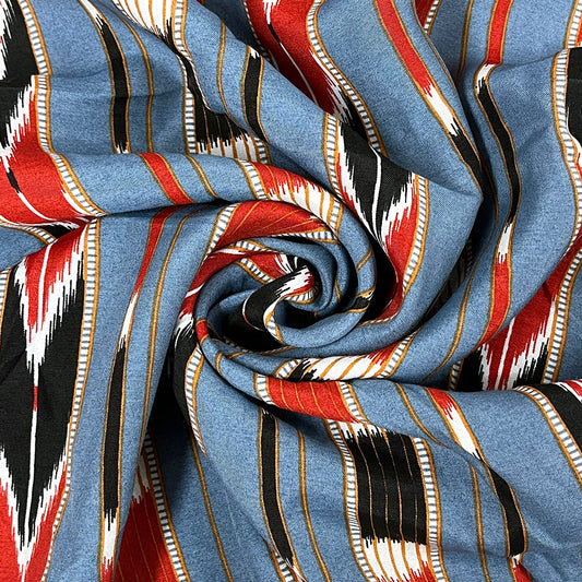 生地【 レーヨン ネイティブ柄 水色×赤】プリント生地 107cm巾 ネイティブ 民族柄