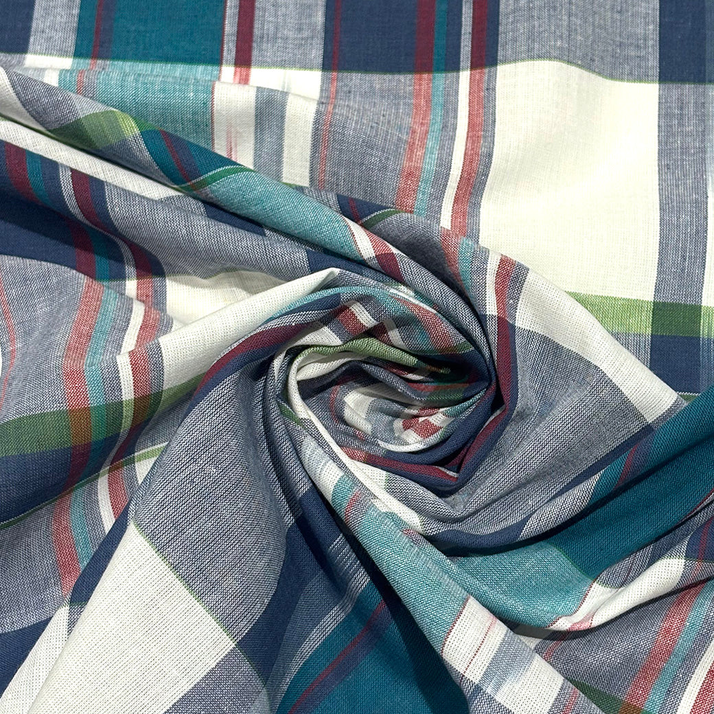 生地 【 インド綿マドラスチェック イカットターコイズ×ネイビー 】 108cm巾 綿100％ ikat チェック生地 コットンチェック 先染め