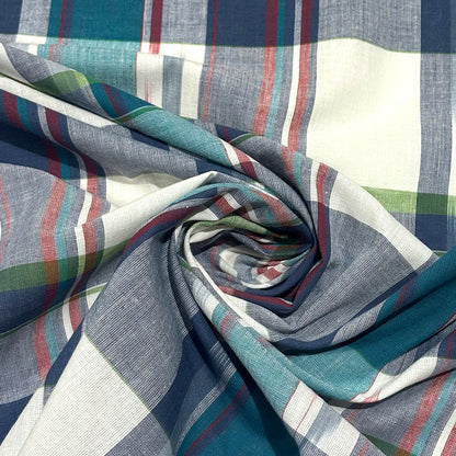 生地 【 インド綿マドラスチェック イカットターコイズ×ネイビー 】 108cm巾 綿100％ ikat チェック生地 コットンチェック 先染め