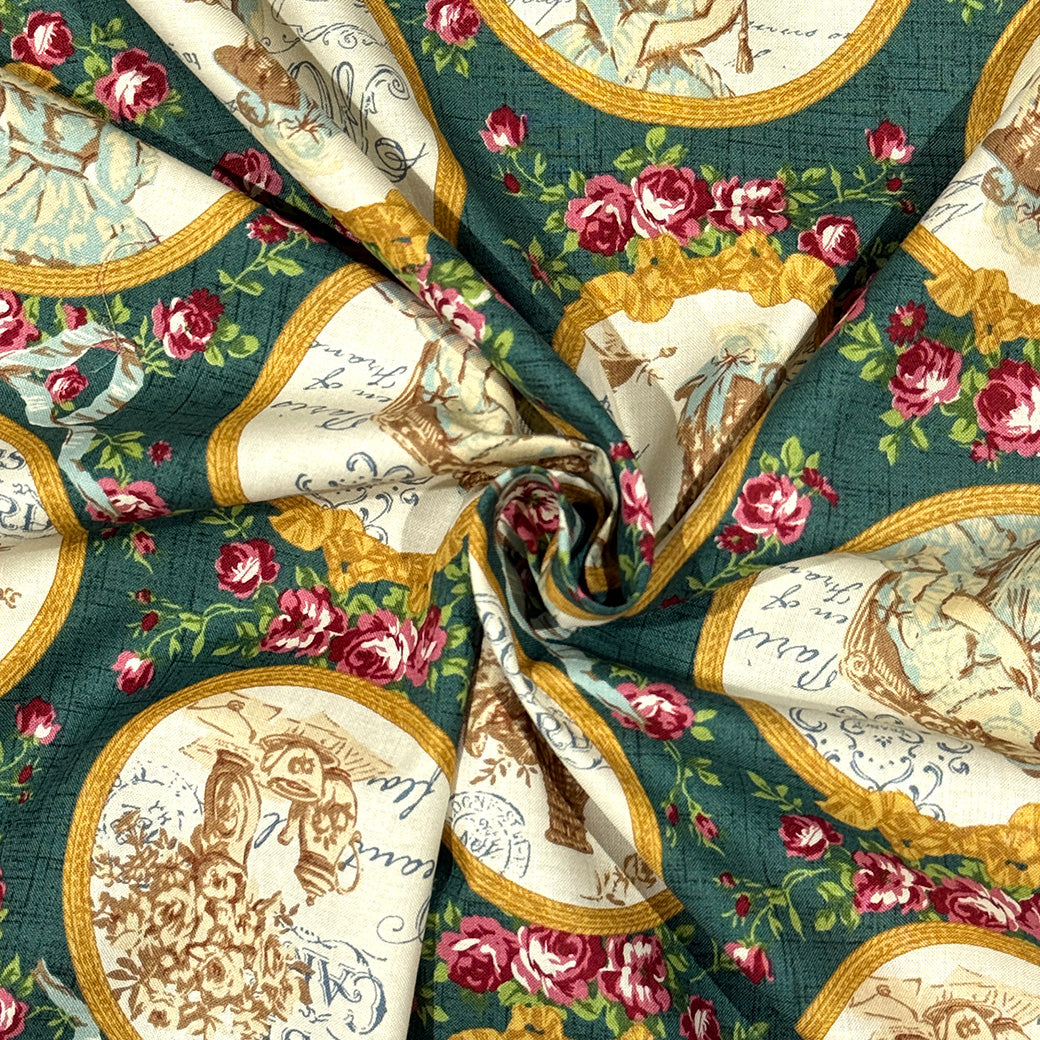 生地 【 QUILT GATE 鏡の貴婦人 緑 】 キルトゲイト シーチング生地 108cm巾 貴婦人 マリーアントワネットドレス 宮廷 ティーパーティ