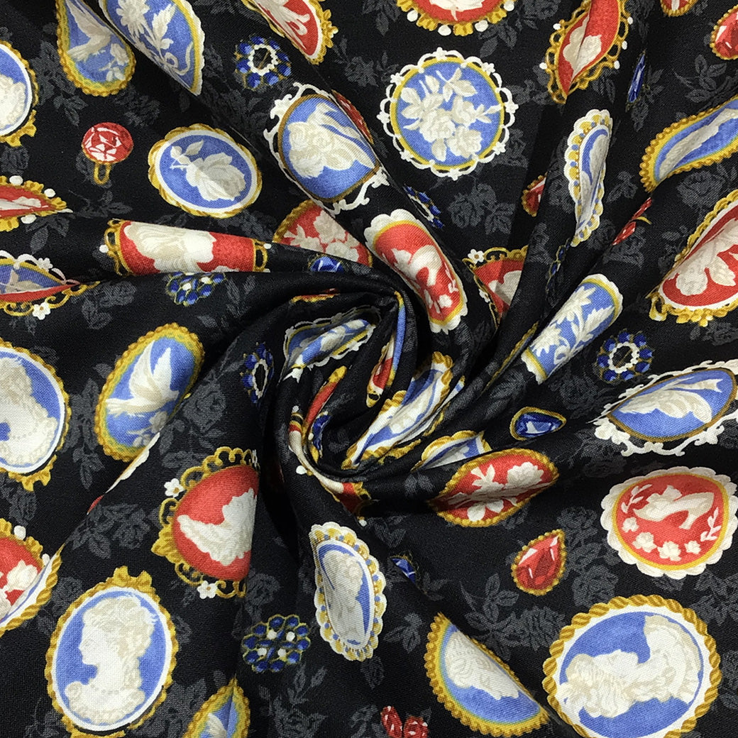 生地 【 QUILT GATE 西欧チャーム 黒 】 キルトゲイト シーチング生地 108cm巾 貴婦人 マリーアントワネット カメオ ジュエル 西欧風 国産 綿プリント