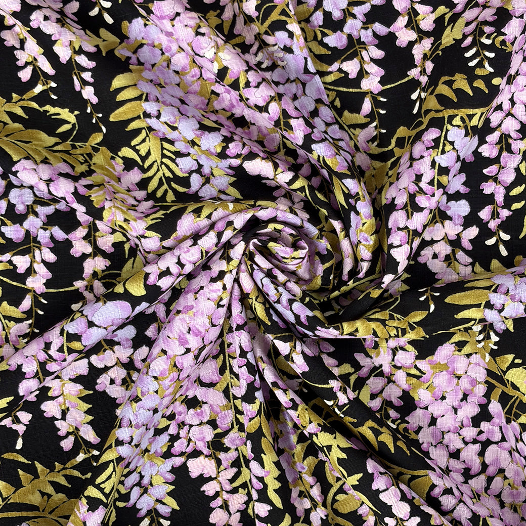 生地 【 サザンクロスPT 藤の花 黒】 110cm巾 綿100％ 藤の花柄 和柄生地 和風プリント コットン生地