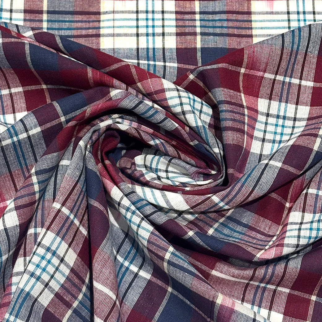 生地 【 インド綿マドラスチェック イカット エンジ×ターコイズ 】 108cm巾 綿100％ ikat チェック生地 コットンチェック 先染め