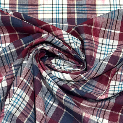 生地 【 インド綿マドラスチェック イカット エンジ×ターコイズ 】 108cm巾 綿100％ ikat チェック生地 コットンチェック 先染め