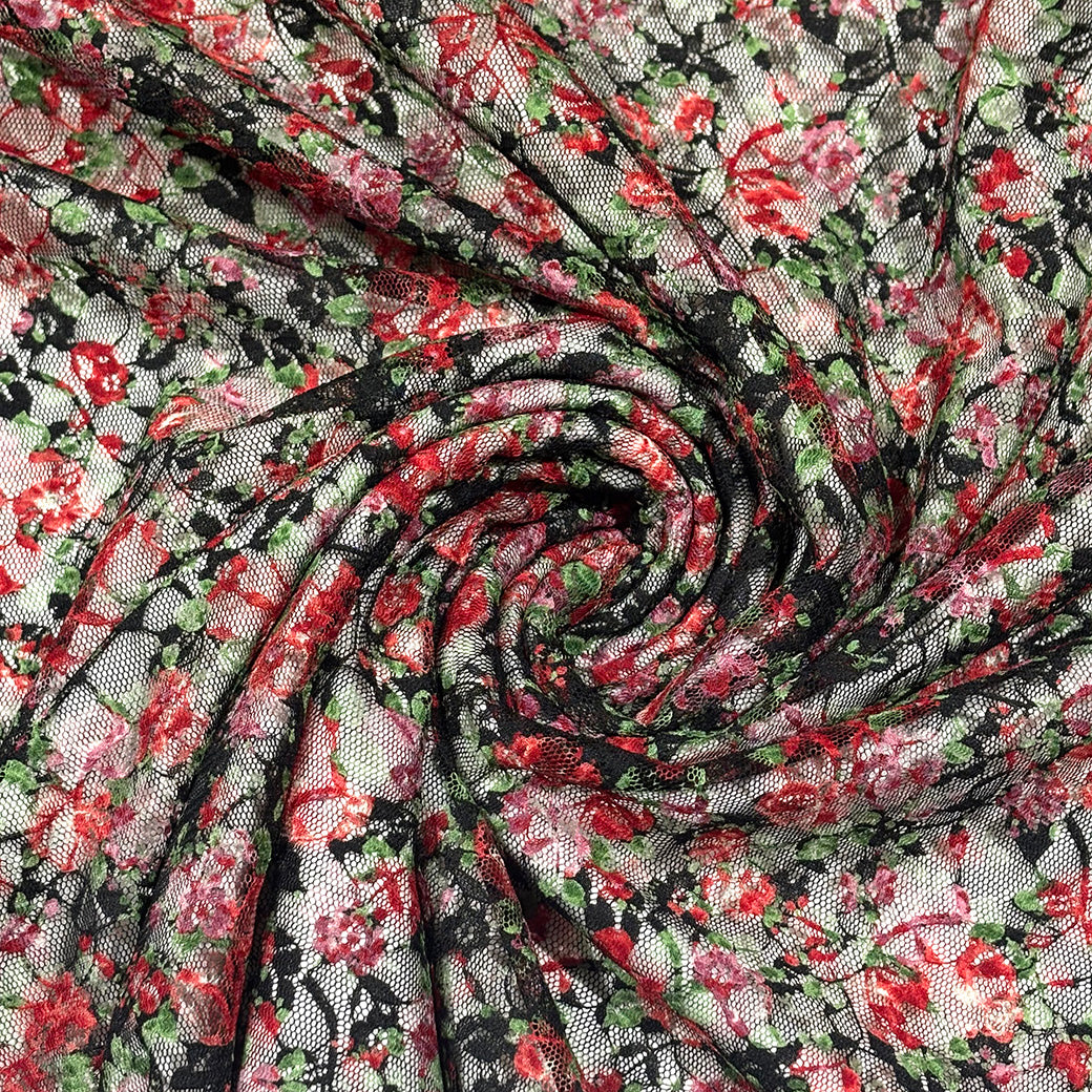 生地 【 花柄ラッセルレース 黒赤緑】 レース レース生地 花柄レース 刺繍 レース刺繍 108cm巾 ポリエステル ラッセル編
