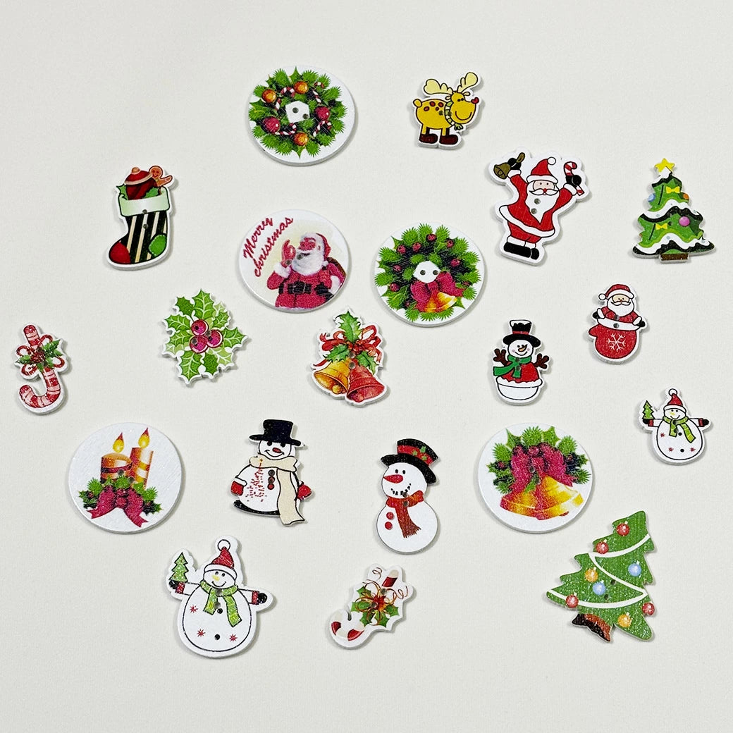 【 クリスマスウッドボタン2025 20個入 2つ穴 】 クリスマス ボタン ウッドボタン 釦 サンタさん サンタクロース