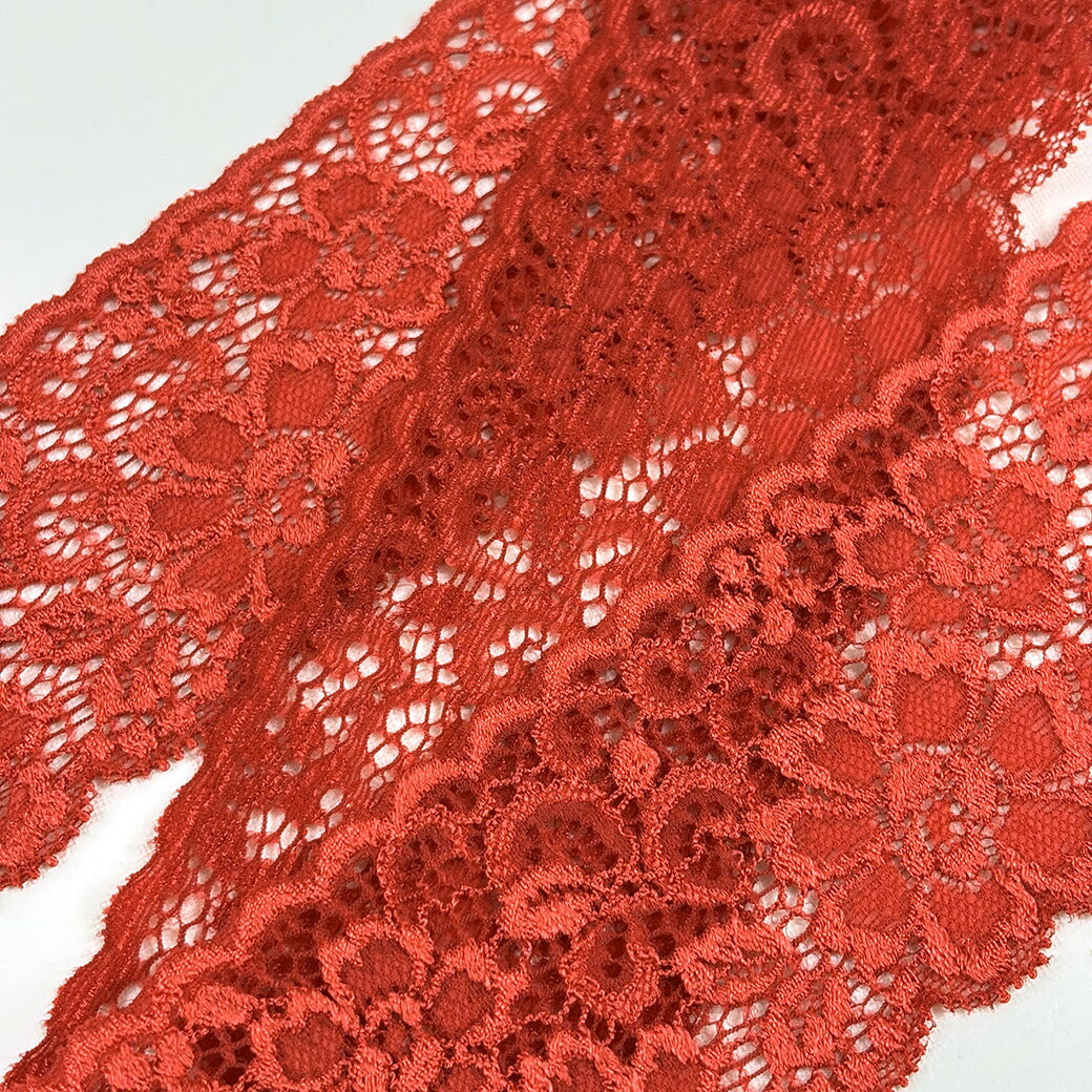 刺繍レース　フレア　リボンレース袖 リボン【 レースストレッチ S80090 赤 】レースリボン ストレッチ