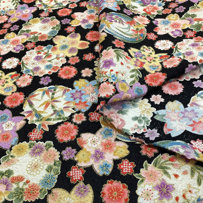 生地【 和柄プリント 花手鞠 2色 】桜 梅 菊 紅葉 手毬 ちりめん生地 浴衣生地 和風生地 110cm巾 綿100％ 和装 着物 浴衣 巾着 バッグ 和装小物 髪飾り 衣装 婚礼 袱紗 足袋入れ パッチワーク ハンドメイド 手芸 日本製 布 布地 Textile World TOA