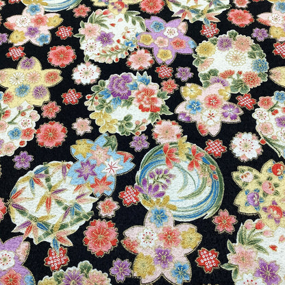 生地【 和柄プリント 花手鞠 2色 】桜 梅 菊 紅葉 手毬 ちりめん生地 浴衣生地 和風生地 110cm巾 綿100％ 和装 着物 浴衣 巾着 バッグ 和装小物 髪飾り 衣装 婚礼 袱紗 足袋入れ パッチワーク ハンドメイド 手芸 日本製 布 布地 Textile World TOA