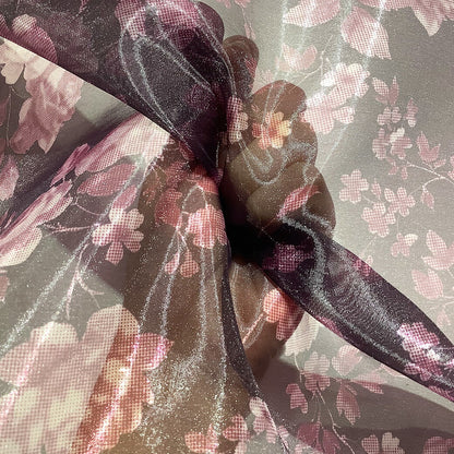 生地 【 オーガンジープリント 花柄 】 オーガンジー 生地 柄 プリントオーガンジー 薔薇 バラ ローズ フェミニン アンティーク エレガント ブラウス ワンピース スカート 発表会 衣装 卒業制作 衣装作り ダンス衣装 インテリア パープル バイオレット 紫 Textile World TOA