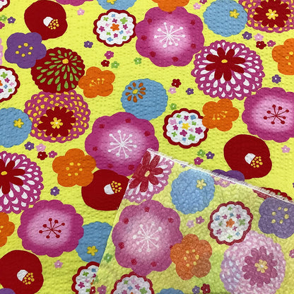生地 【 リップル 花柄 イエロー 】 リップル生地 浴衣生地 甚平生地 ゆかた 甚平 じんべい 花 朝顔 椿 梅 牡丹 和柄 ツバキ アサガオ パジャマ ステテコ 綿生地 コットンプリント 綿プリント 夏生地 子ども服 ワン