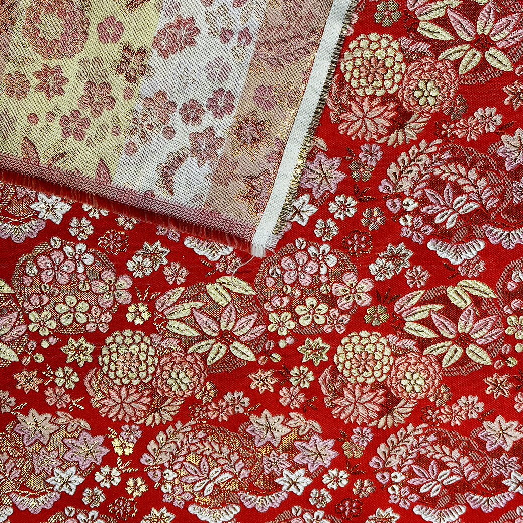 生地 【 金襴 吉祥紋様 レッド 】 金襴生地 吉祥 菊 松 竹 笹 菊紋 桜 紅葉 もみじ 縁起 和柄 京都西陣織 よさこい 金襴布 金襴 きんらん 座布団 つまみ細工 人形衣装 能衣装 袈裟 表装 掛け軸 御朱印帳ケース