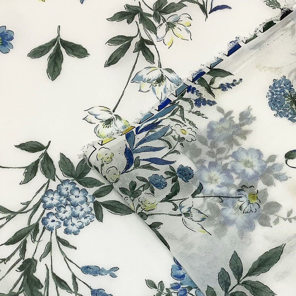 生地 【 花柄シフォン 青 】 花柄生地 シルク生地 シルク シフォン生地 レトロフラワー アンティーク調 クラシックフラワー 花 小花 花柄プリント シフォン ブラウス シャツ ベール ドレス 装飾 アクセサリーパーツ スカ