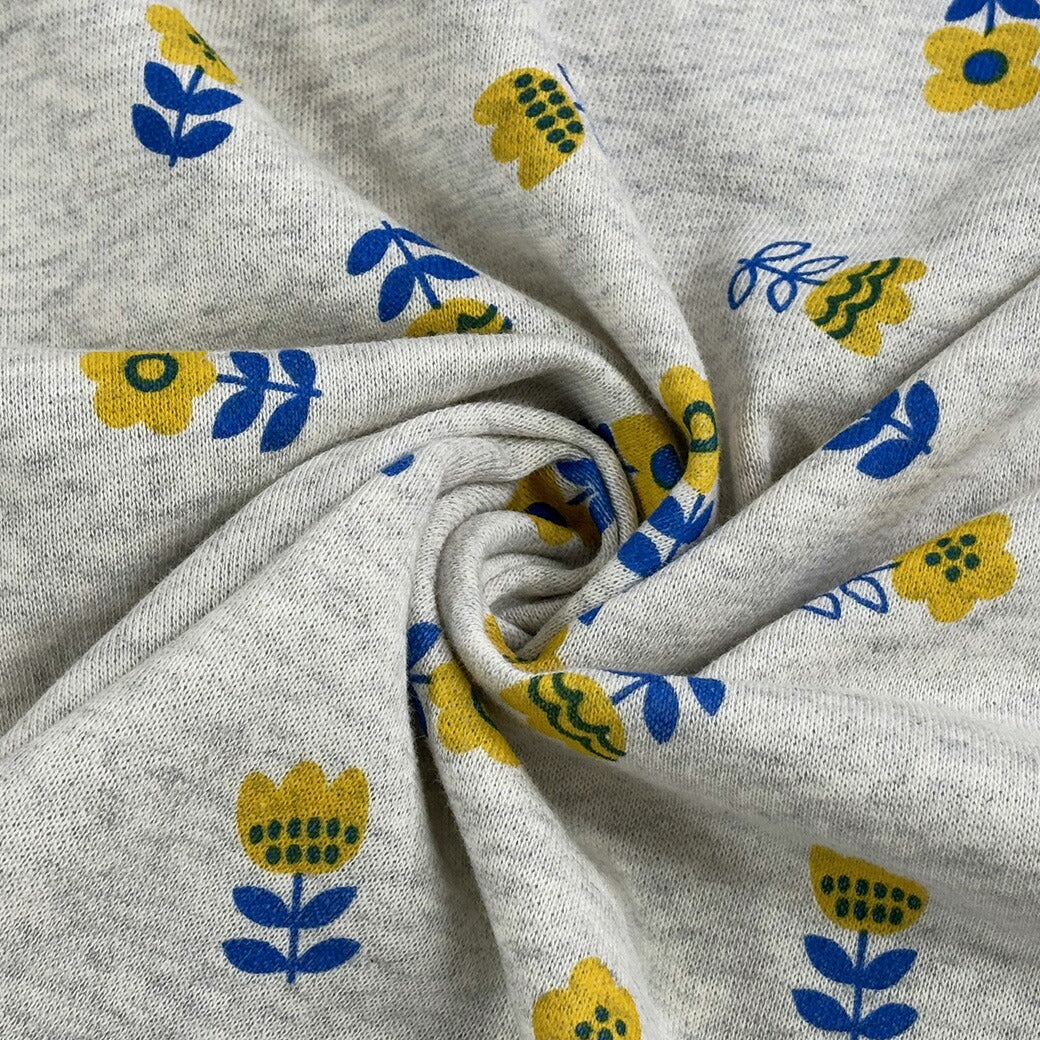 生地 【 花柄裏毛ニット グレーキイロ 】 スウェット生地 裏ループ 裏