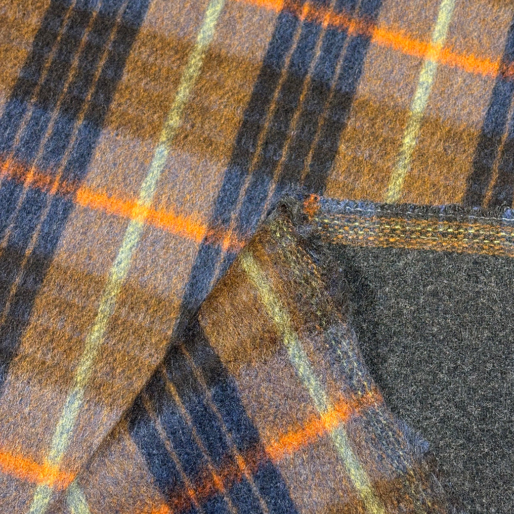 生地 【 リバーシブル 大柄チェック ネイビーオレンジ 】 ウール生地 チェック 145cm巾 幅広 起毛