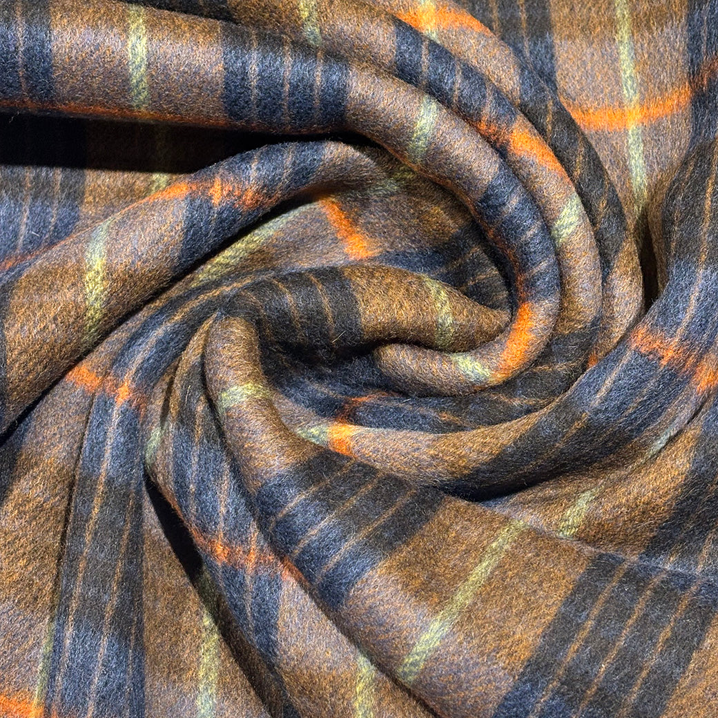 生地 【 リバーシブル 大柄チェック ネイビーオレンジ 】 ウール生地 チェック 145cm巾 幅広 起毛