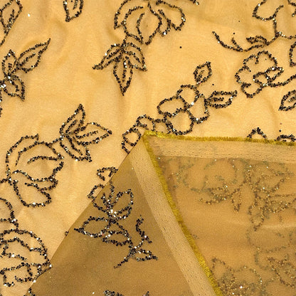 生地 【 グリッターラメシフォン からし 】 110cm巾 ラメ生地 グリッター 花柄シフォン 透け感生地 花柄生地