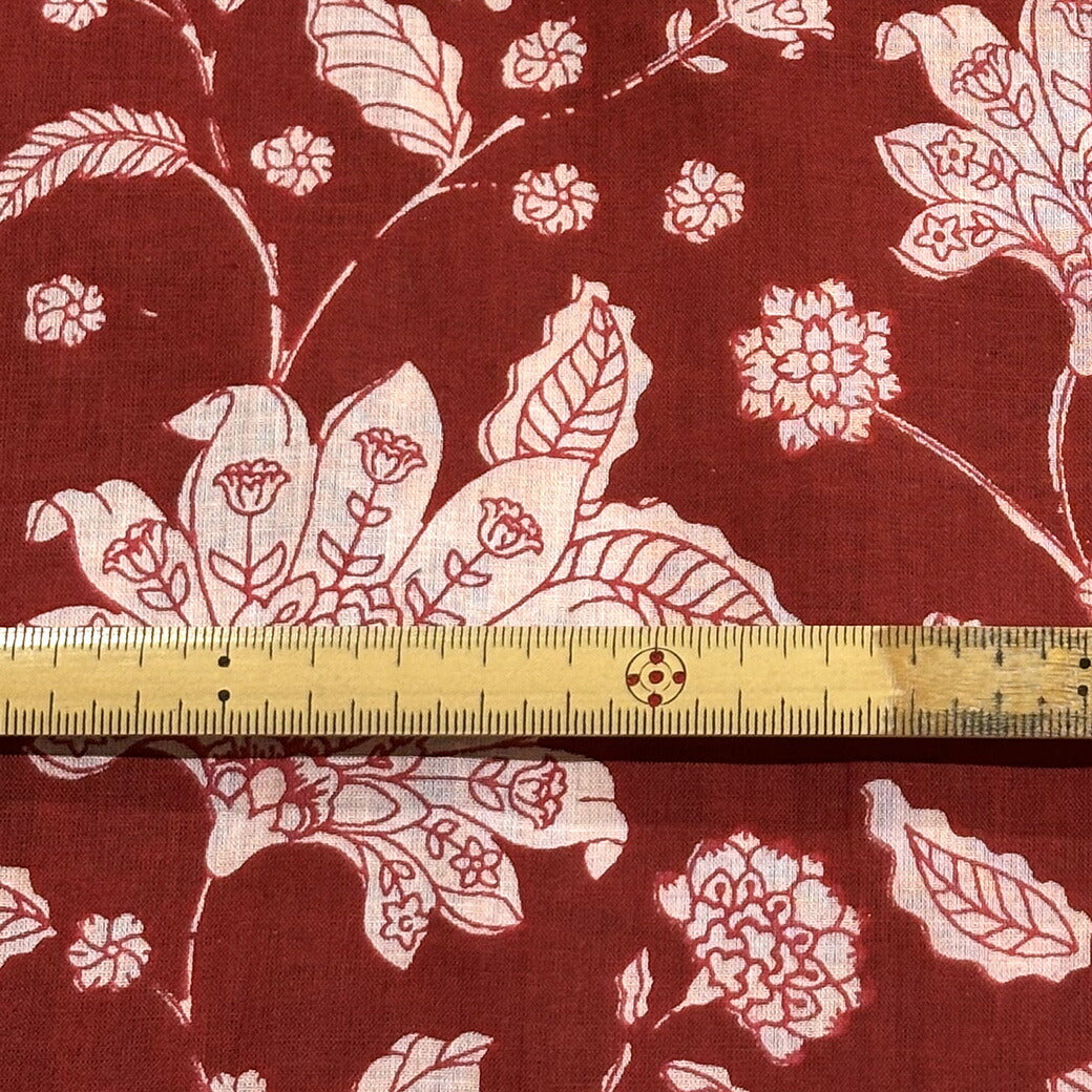 生地 【 インド綿 手描きプリント レッド 】 インド綿 薄手 ボイル