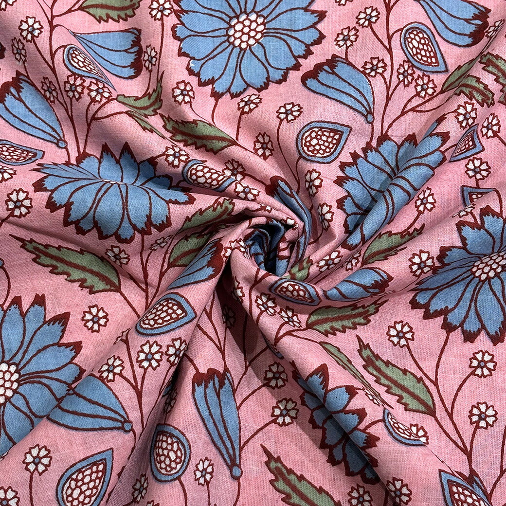 生地 【 インド綿 手描きプリント ピンク 】 インド綿 薄手 ボイル