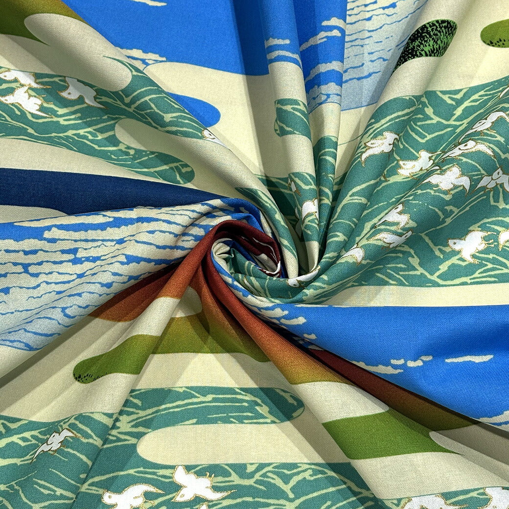 生地 【 和柄 霞富士 -KASUMIFUJI- 若草 】 和柄 浮世絵風 霞富士 赤富士 富士山 シーチング生地 綿生地 コットン 綿100％ 日本柄 縁起物 大柄 壁掛け 布地 暖簾 のれん ファブリックパネル インテリア