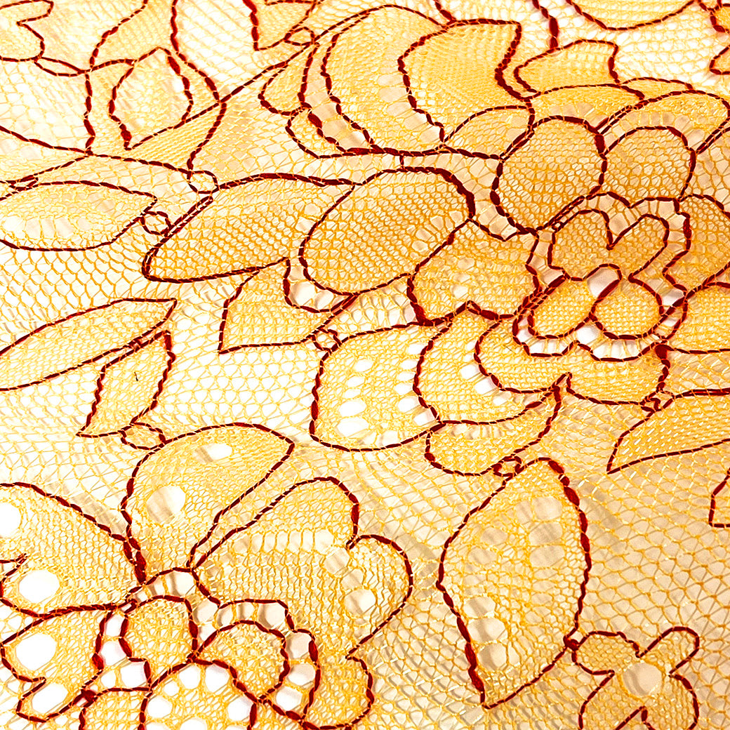 生地 【 シャンブレーレース オレンジレッド 】 レース生地 刺繍 レース刺繍 138cm巾 ポリエステル 花柄 植物柄