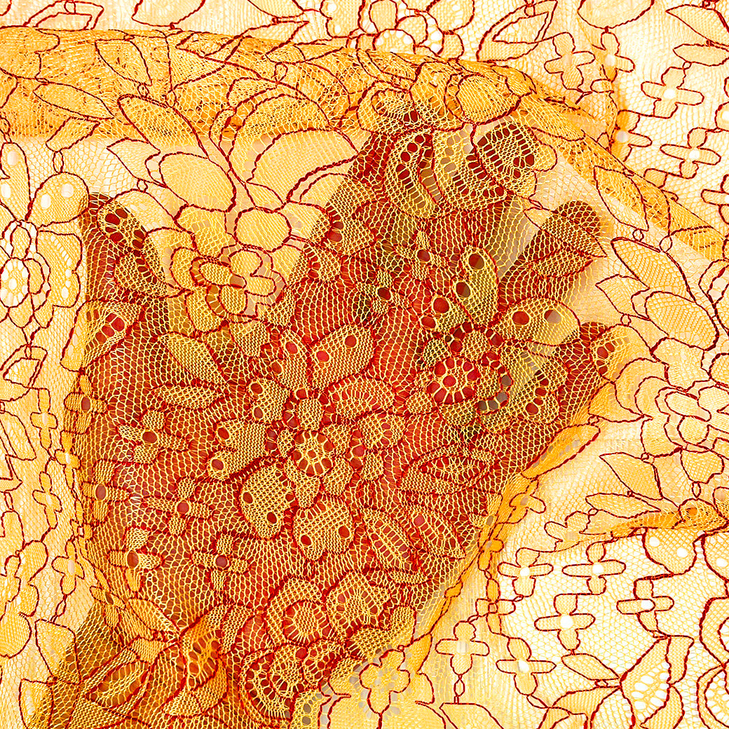 生地 【 シャンブレーレース オレンジレッド 】 レース生地 刺繍 レース刺繍 138cm巾 ポリエステル 花柄 植物柄