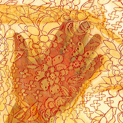 生地 【 シャンブレーレース オレンジレッド 】 レース生地 刺繍 レース刺繍 138cm巾 ポリエステル 花柄 植物柄