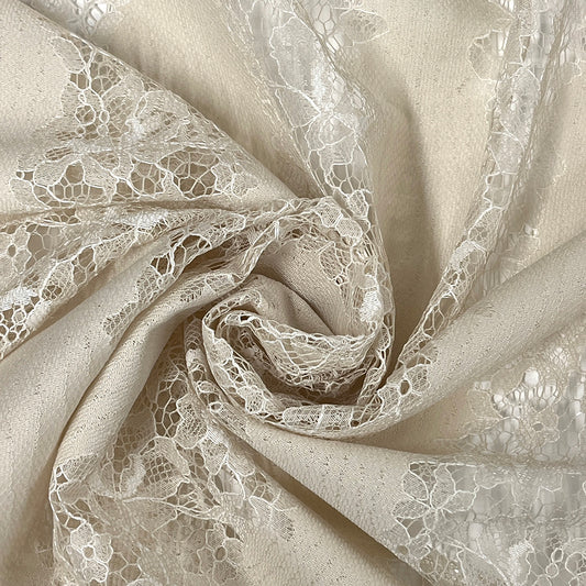 生地 【 ストライプ織チュールレース ベージュ 】 レース生地 135cm巾 花柄 植物柄