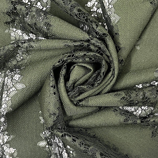 生地 【 ストライプ織チュールレース カーキ 】 レース生地 135cm巾 花柄 植物柄