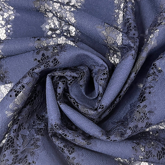生地 【 ストライプ織チュールレース ネイビー 】 レース生地 135cm巾 花柄 植物柄