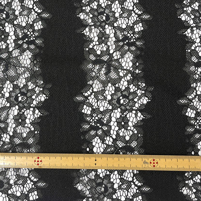 生地 【 ストライプ織チュールレース 黒 】 レース生地 135cm巾 花柄 植物柄