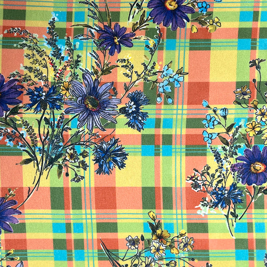 生地 【 75Dシフォン タータン花 朱黄緑 】 花柄生地 シフォン生地 タータンチェック チェック柄 レトロフラワー