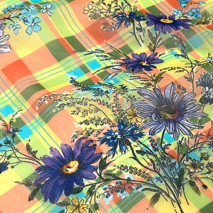 生地 【 75Dシフォン タータン花 朱黄緑 】 花柄生地 シフォン生地 タータンチェック チェック柄 レトロフラワー