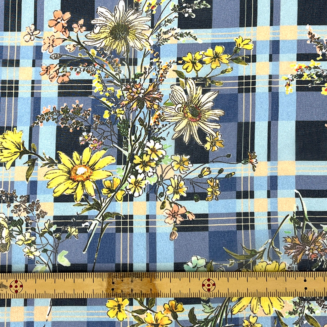 生地 【 75Dシフォン タータン花 ブルー系 】 花柄生地 シフォン生地