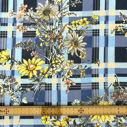 生地 【 75Dシフォン タータン花 ブルー系 】 花柄生地 シフォン生地 タータンチェック チェック柄 レトロフラワー